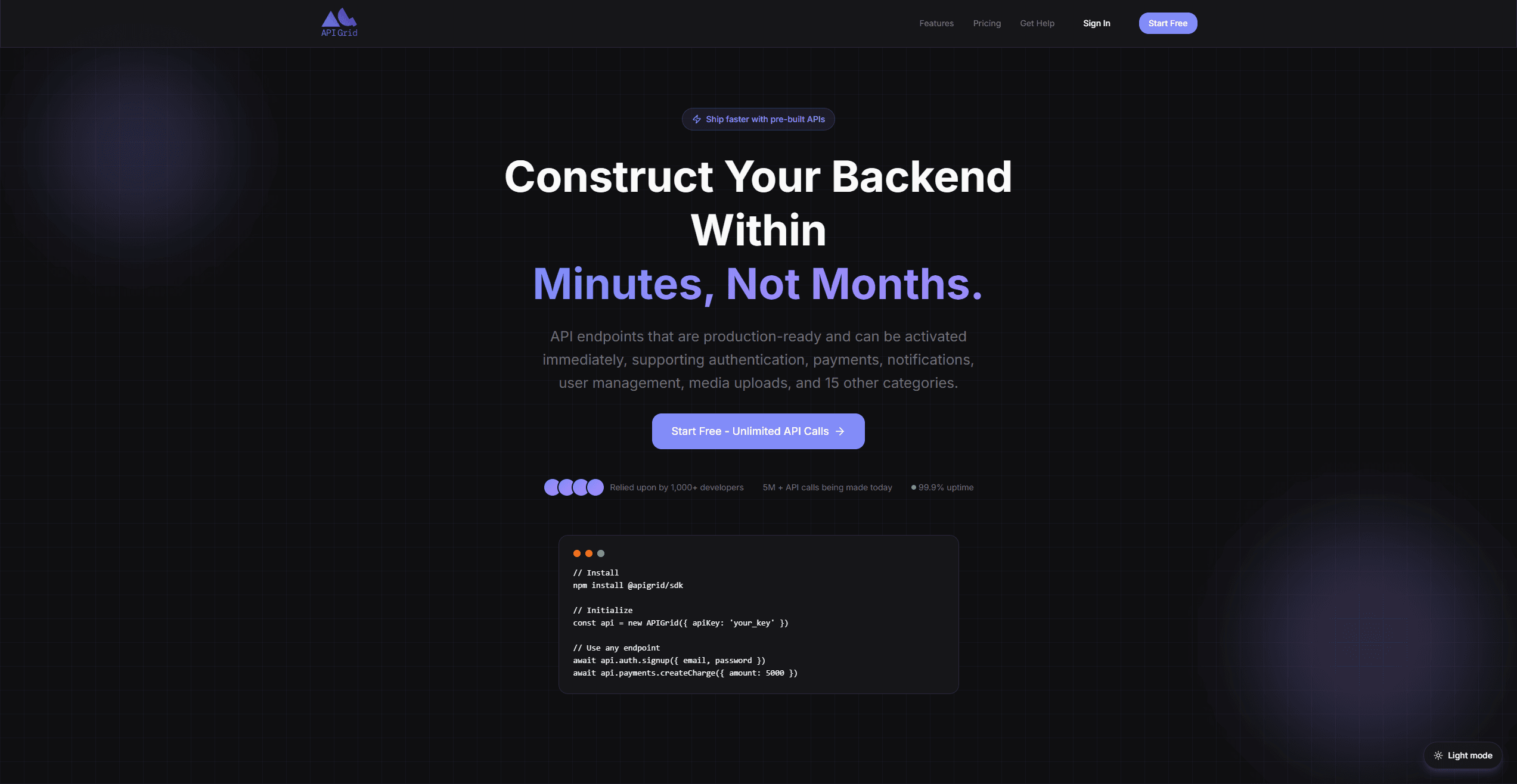 API Grid dashboard